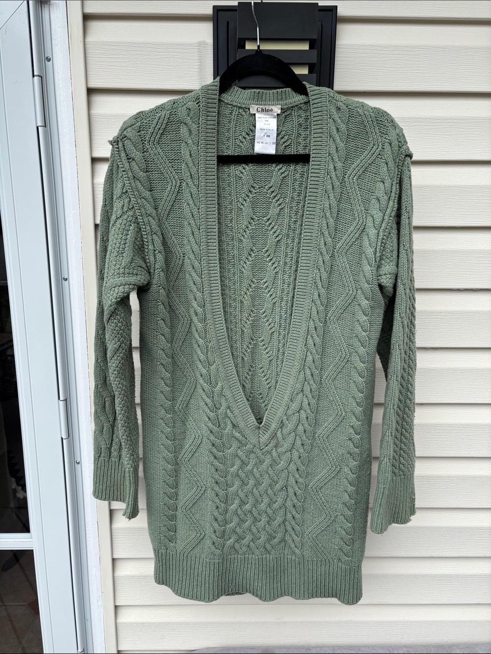 Chloe Italy Ladies Merino Wool Sage Green Cable Tunic Sweater-XS